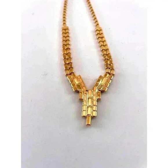 VTG Clear Rhinestone Gold Toned Metal Necklace Jewelry Rectangle - Picture 6 of 7